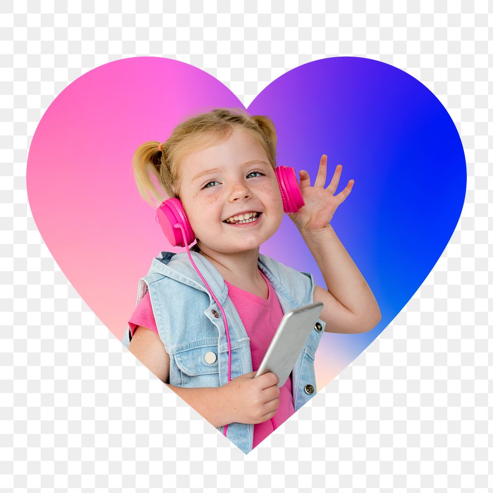 Png girl listening to music, heart badge design in transparent background