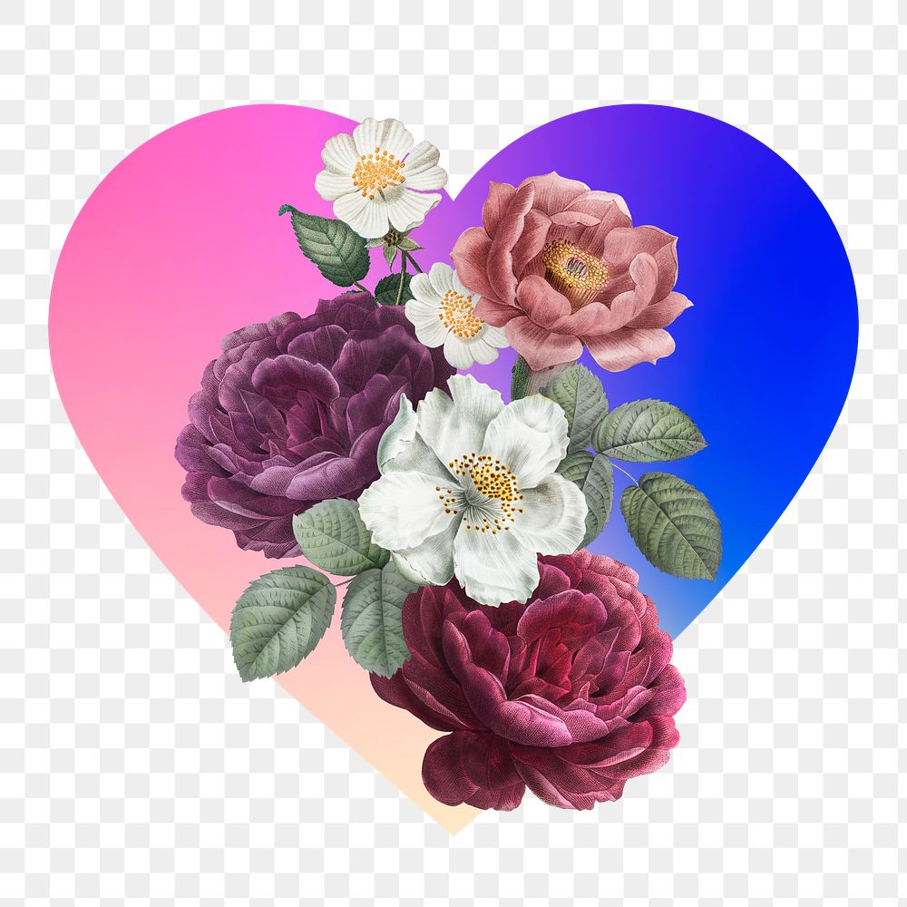 Vintage rose png on gradient shape, heart badge in transparent background