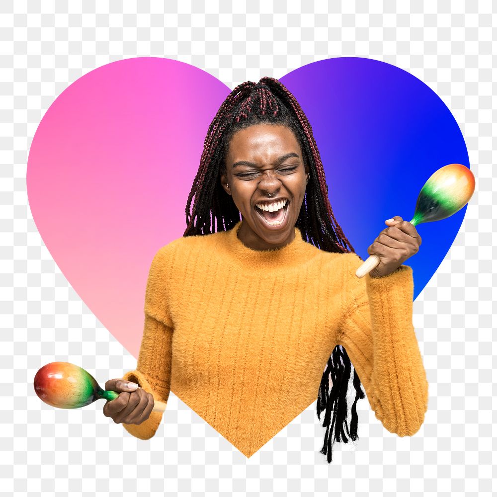 Woman shaking maracas png, heart badge design in transparent background