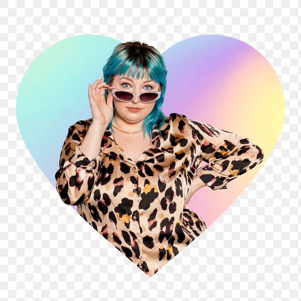 Png fashionable woman wearing sunglasses, heart badge design in transparent background