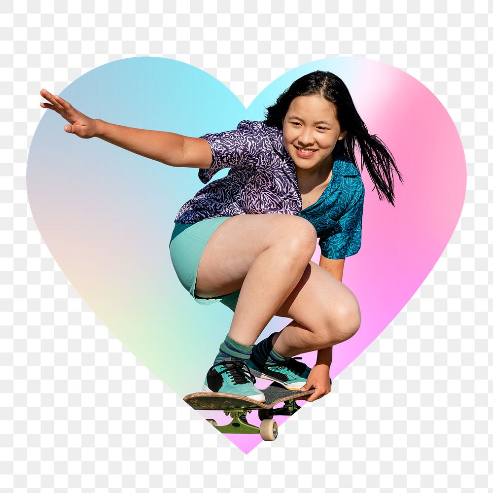 Young woman skateboarding png, heart badge design in transparent background