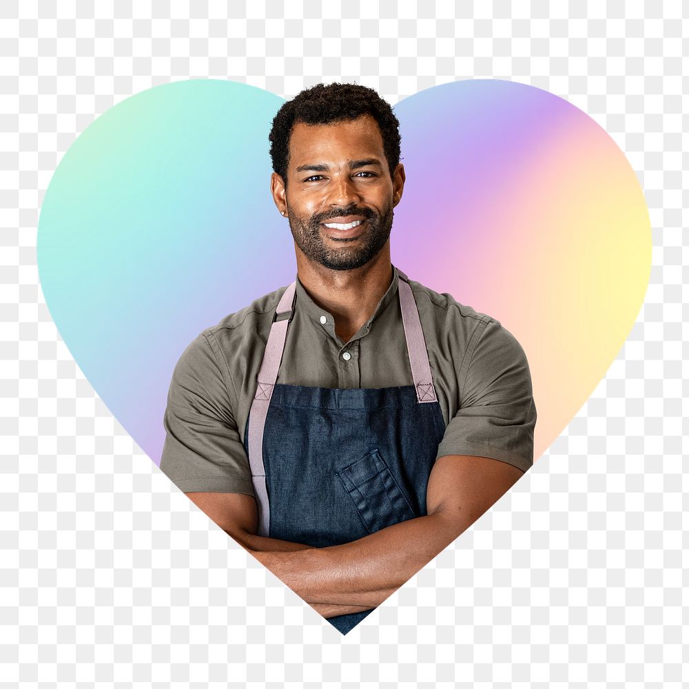 Happy entrepreneur png wearing apron, heart badge design in transparent background