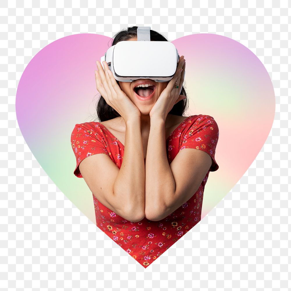 Png woman wearing vr glass, metaverse concept, heart badge design in transparent background