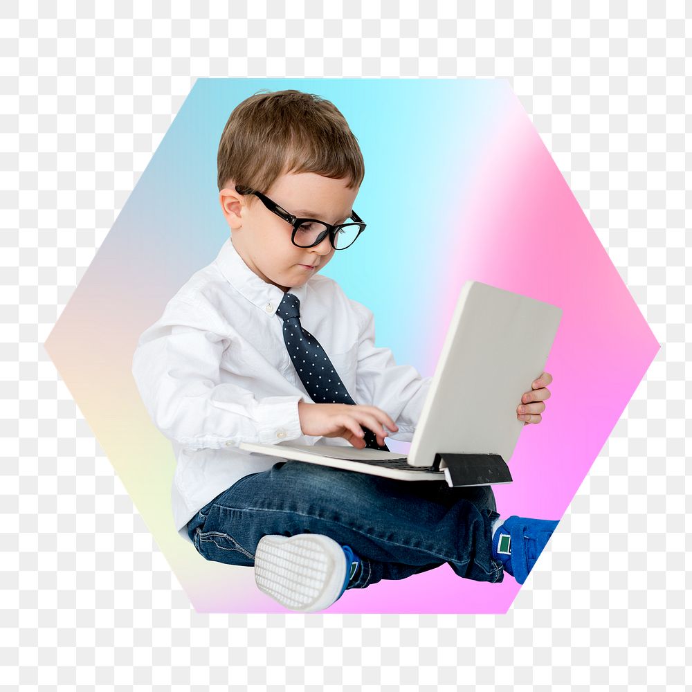 Png boy using a laptop, hexagon badge in transparent background