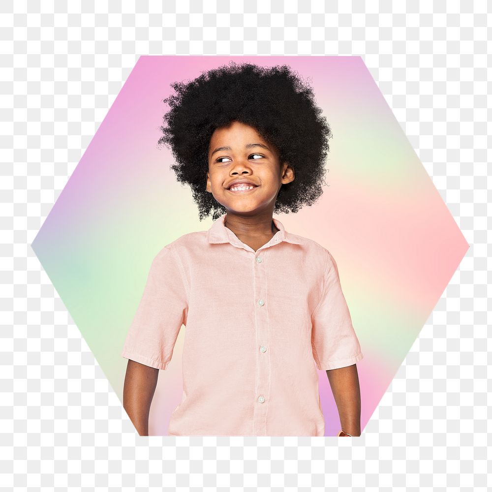 Smiling little boy png, hexagon badge in transparent background