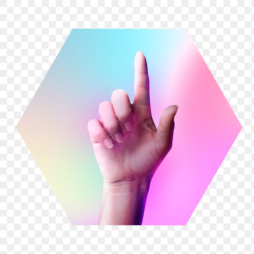 Finger point up png, hexagon badge in transparent background