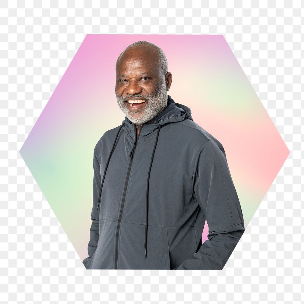Happy black man png, hexagon badge in transparent background