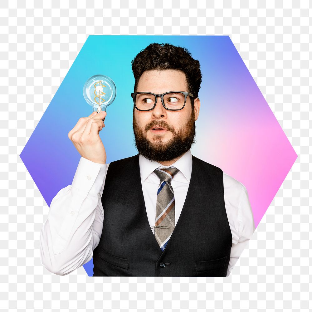 Png innovator with fresh idea, hexagon badge in transparent background