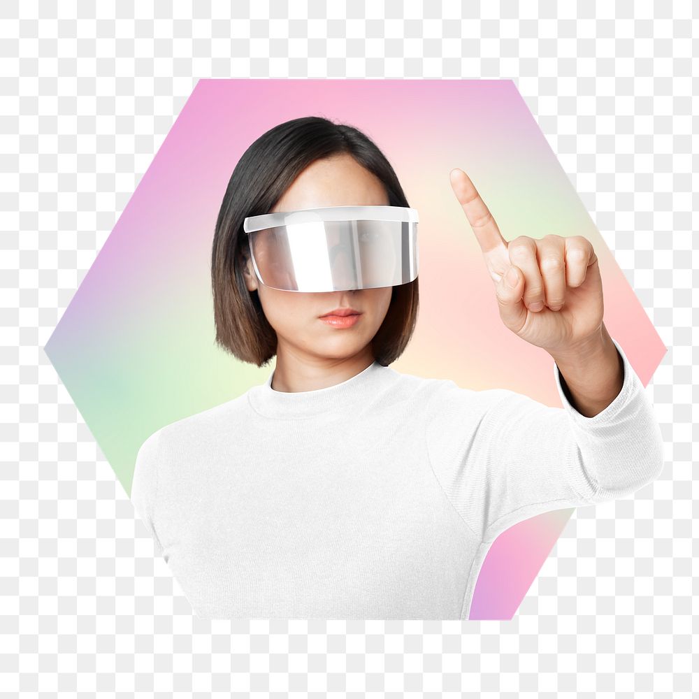 Png woman wearing vr glass, metaverse concept, hexagon badge in transparent background
