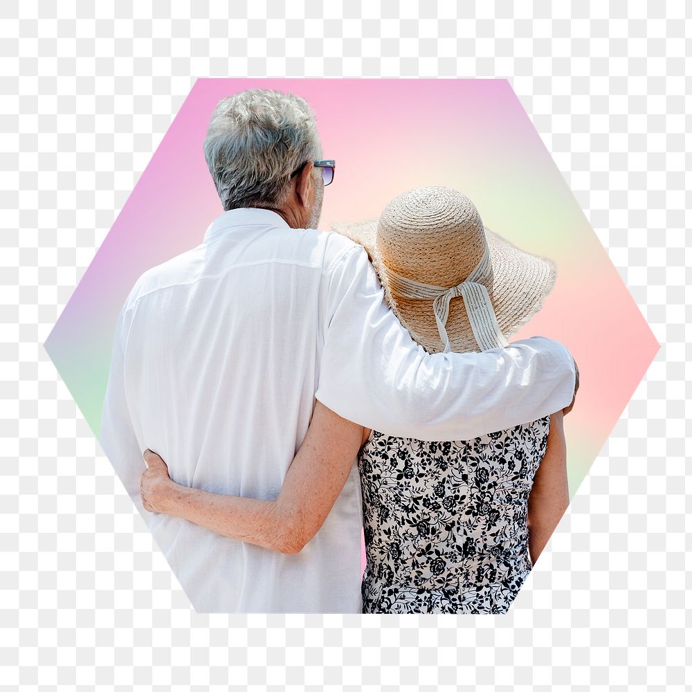 Couple on vacation png, hexagon badge in transparent background