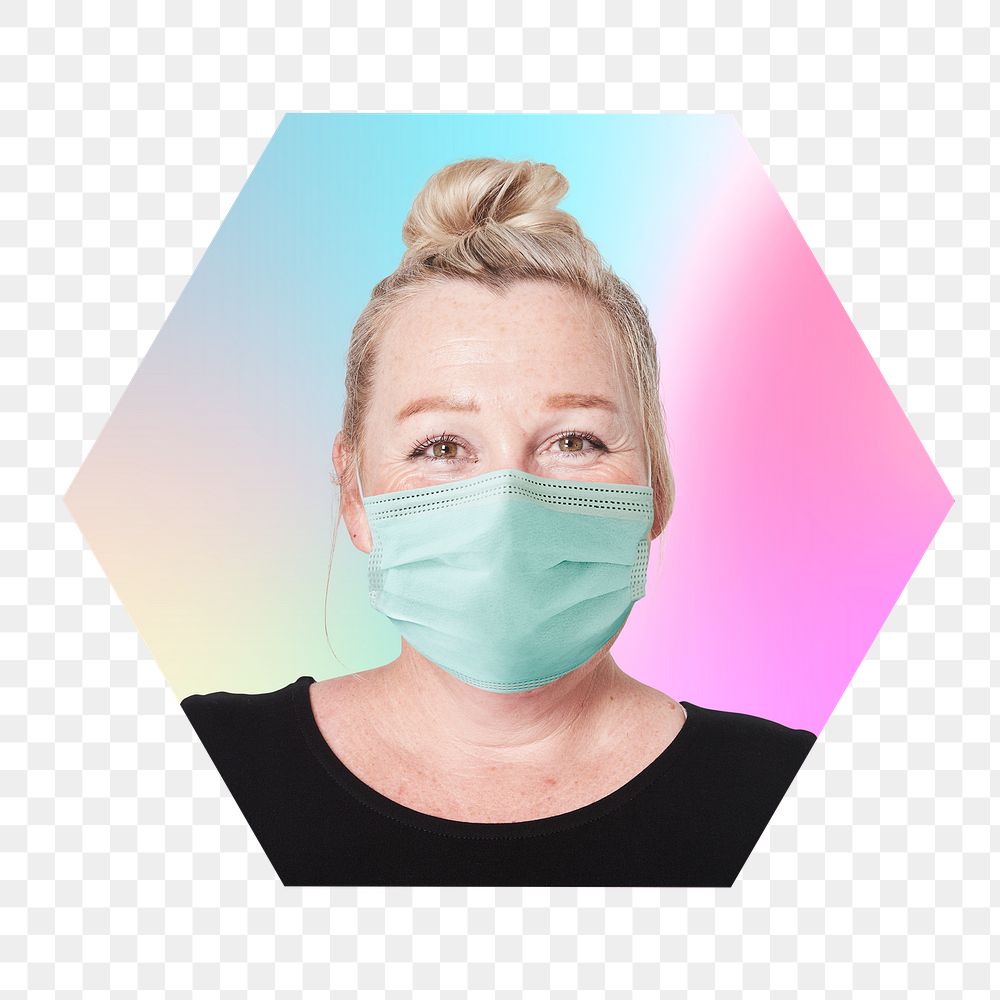 Png woman wearing surgical mask, hexagon badge in transparent background