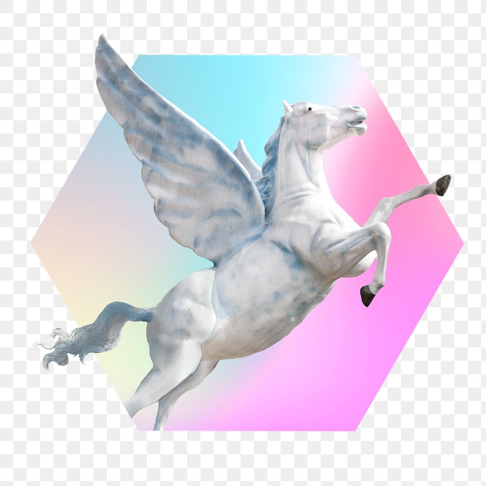 Pegasus png, hexagon badge in transparent background