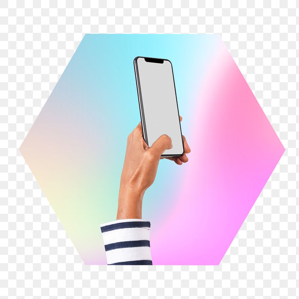 Hand using phone png, hexagon badge in transparent background