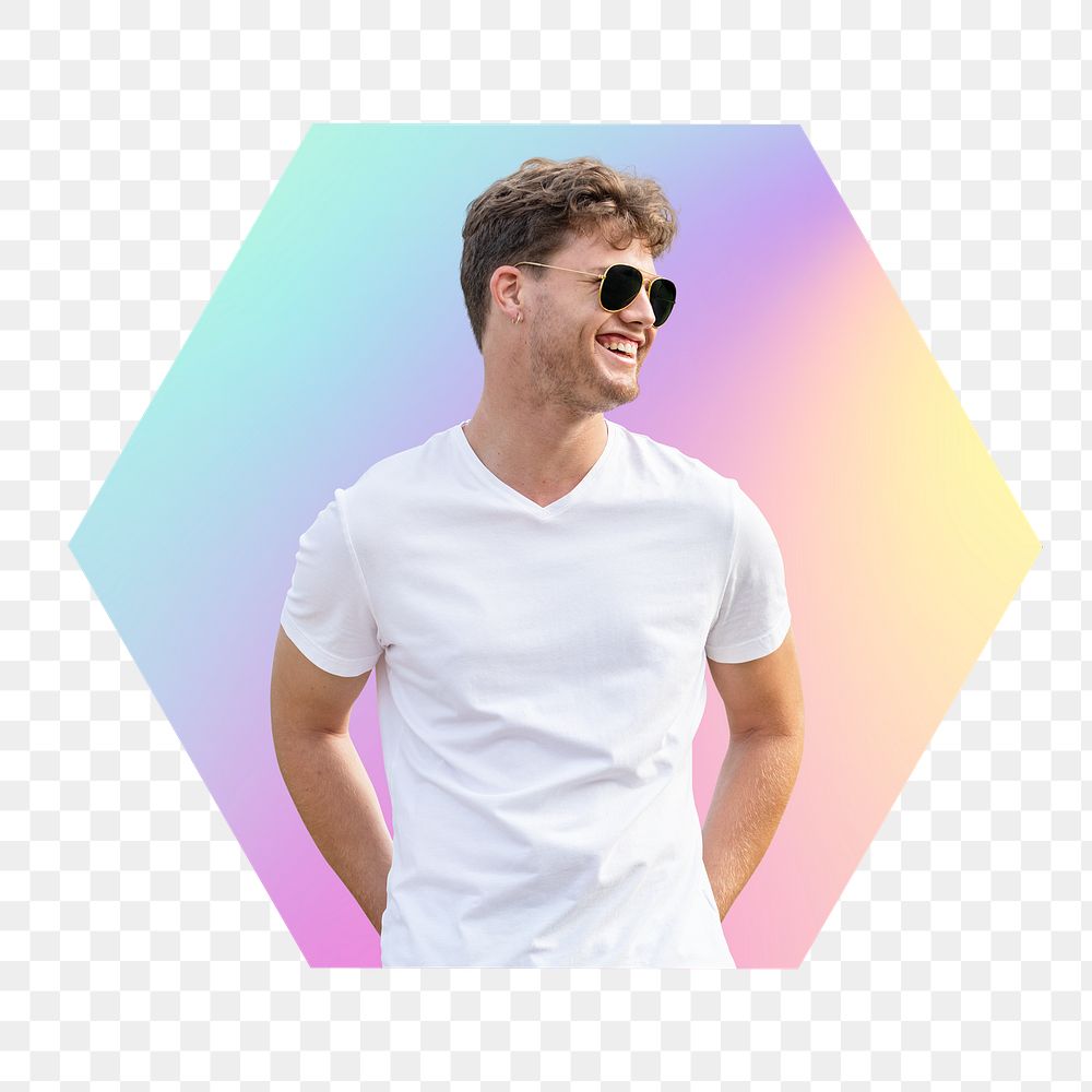 Man wearing sunglasses png, hexagon badge in transparent background