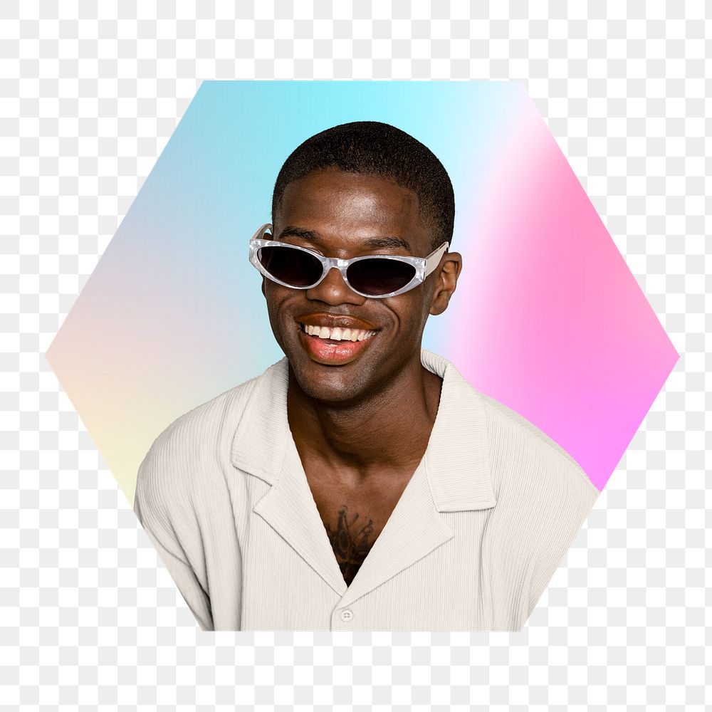 Man wearing sunglasses png, hexagon badge in transparent background