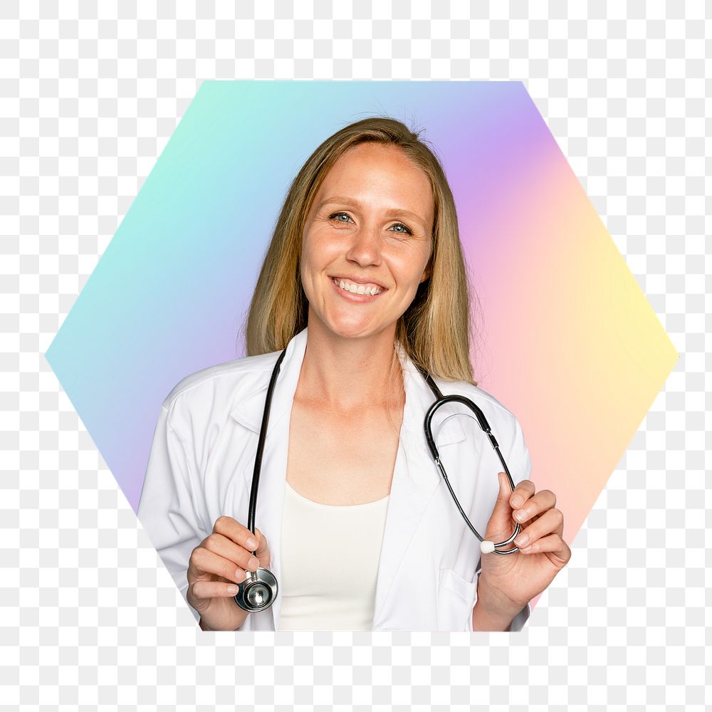 Female doctor png with stethoscope, hexagon badge in transparent background