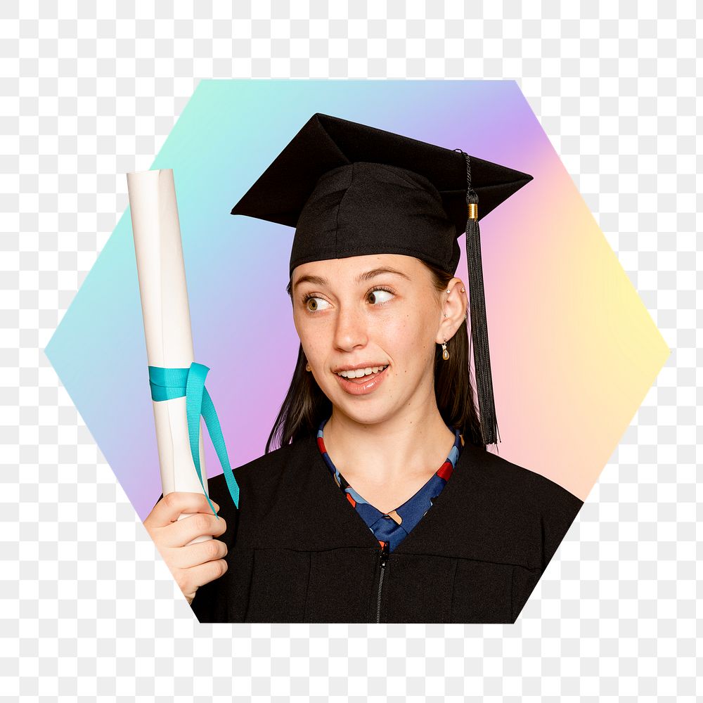 College girl graduation png, hexagon badge in transparent background