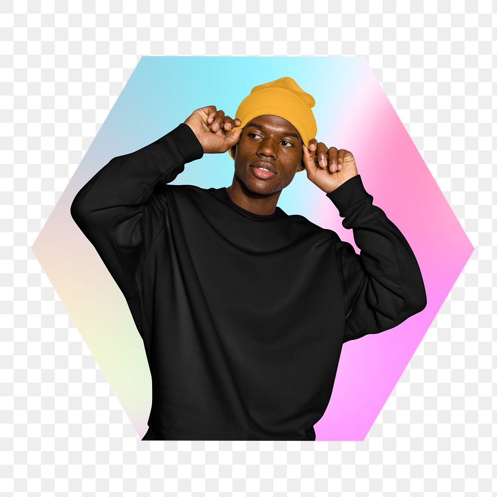 Png fashionable black man wearing yellow beanie, hexagon badge in transparent background