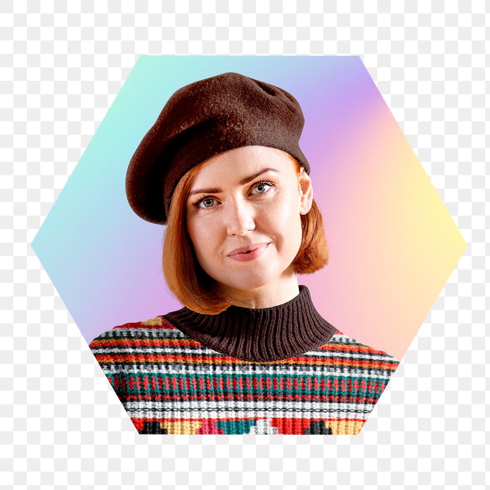 Artsy woman png, hexagon badge in transparent background