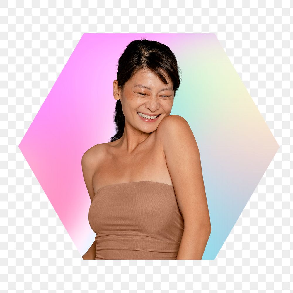 Happy woman png, hexagon badge in transparent background