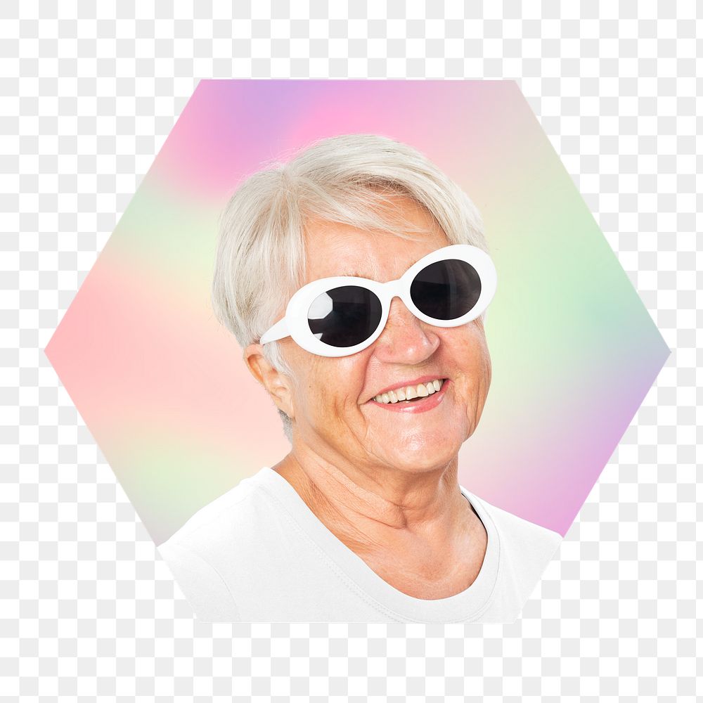 Png fashionable senior woman wearing glasses, hexagon badge in transparent background