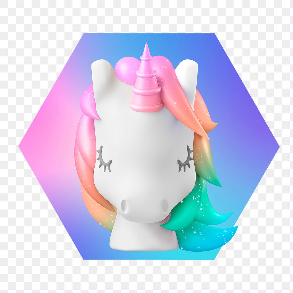 Unicorn png, hexagon badge in transparent background