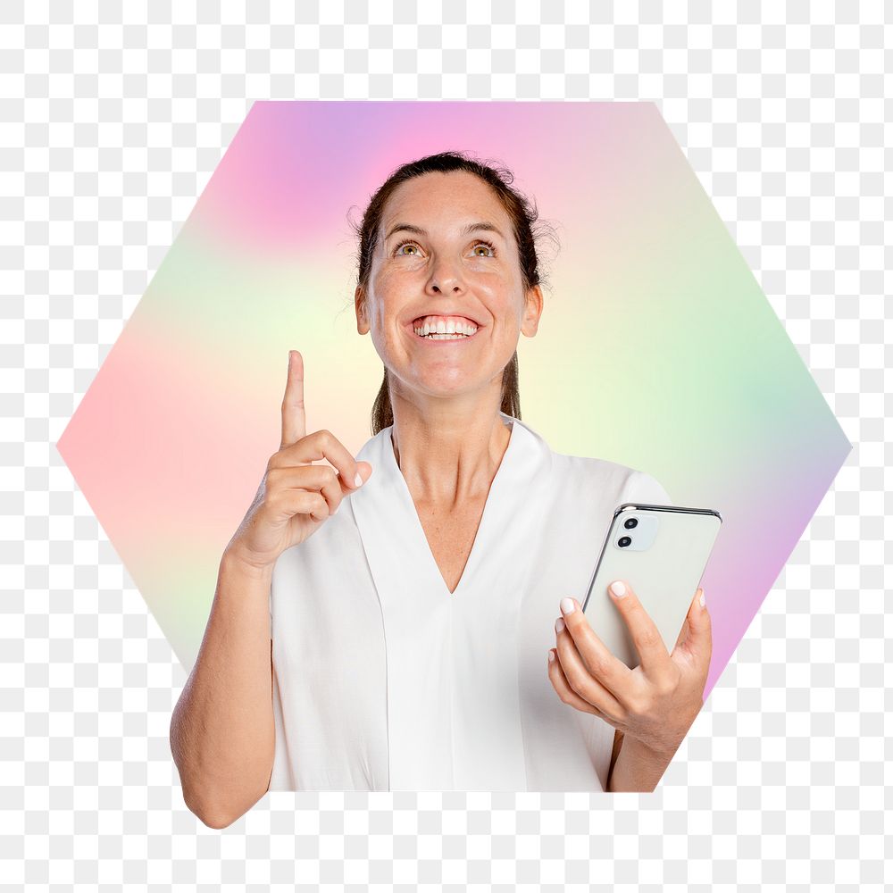 Png woman coming up with ideas carrying a phone, hexagon badge in transparent background