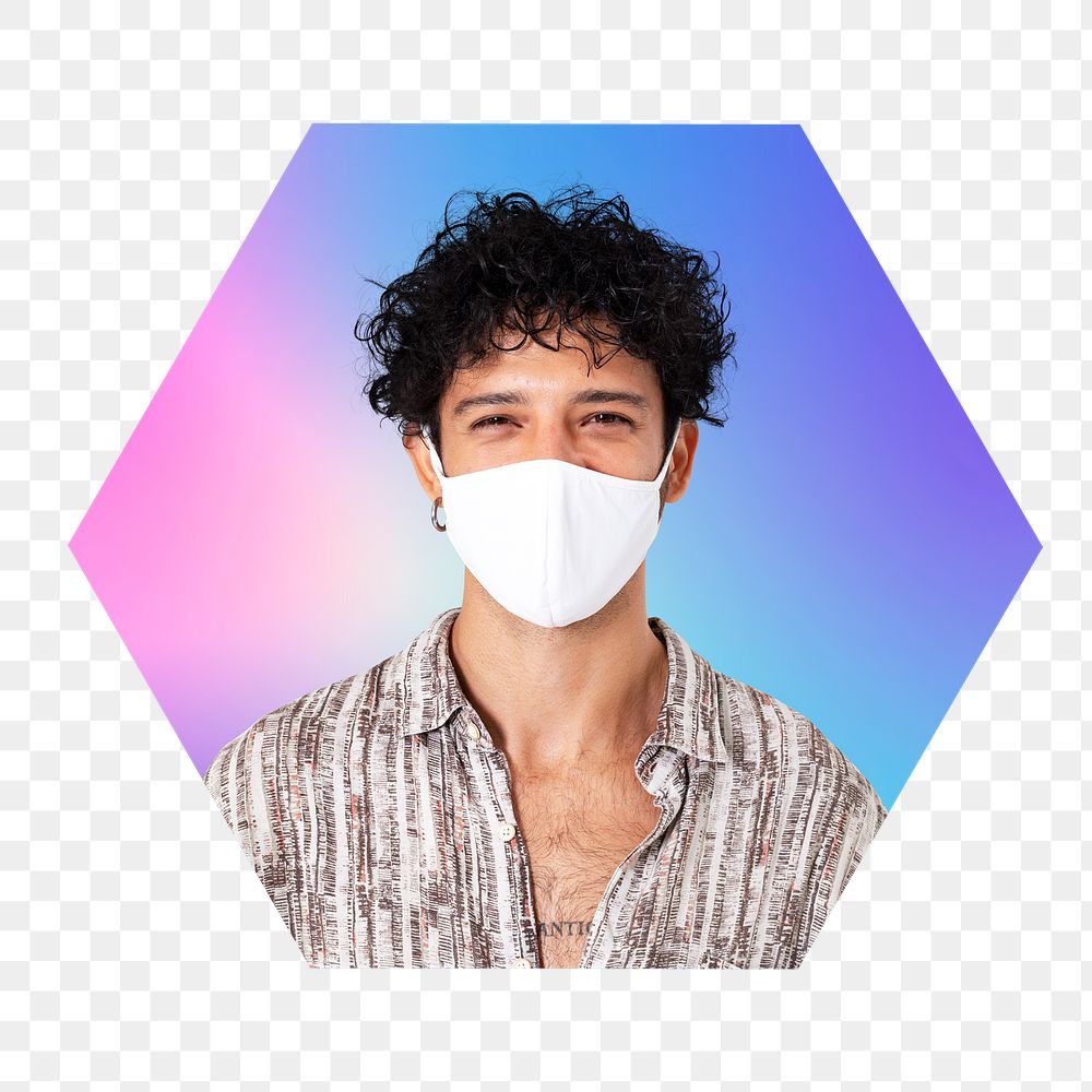 Man wearing mask png, hexagon badge in transparent background