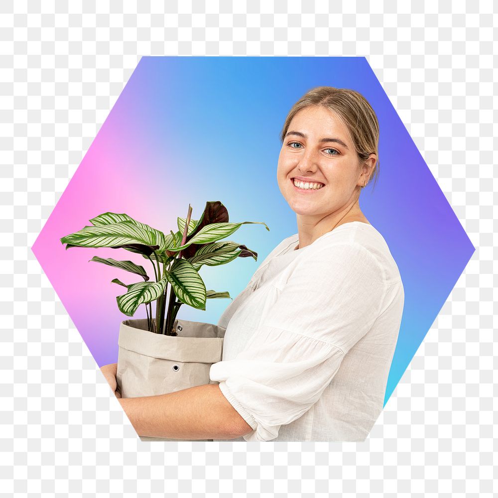 Png woman carrying plant pot, hexagon badge in transparent background