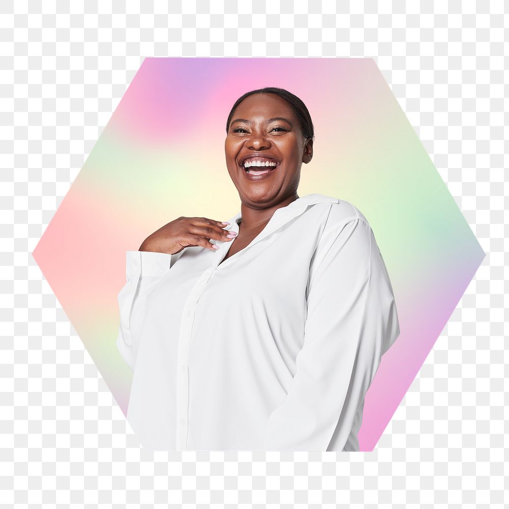 Happy woman png, hexagon badge in transparent background