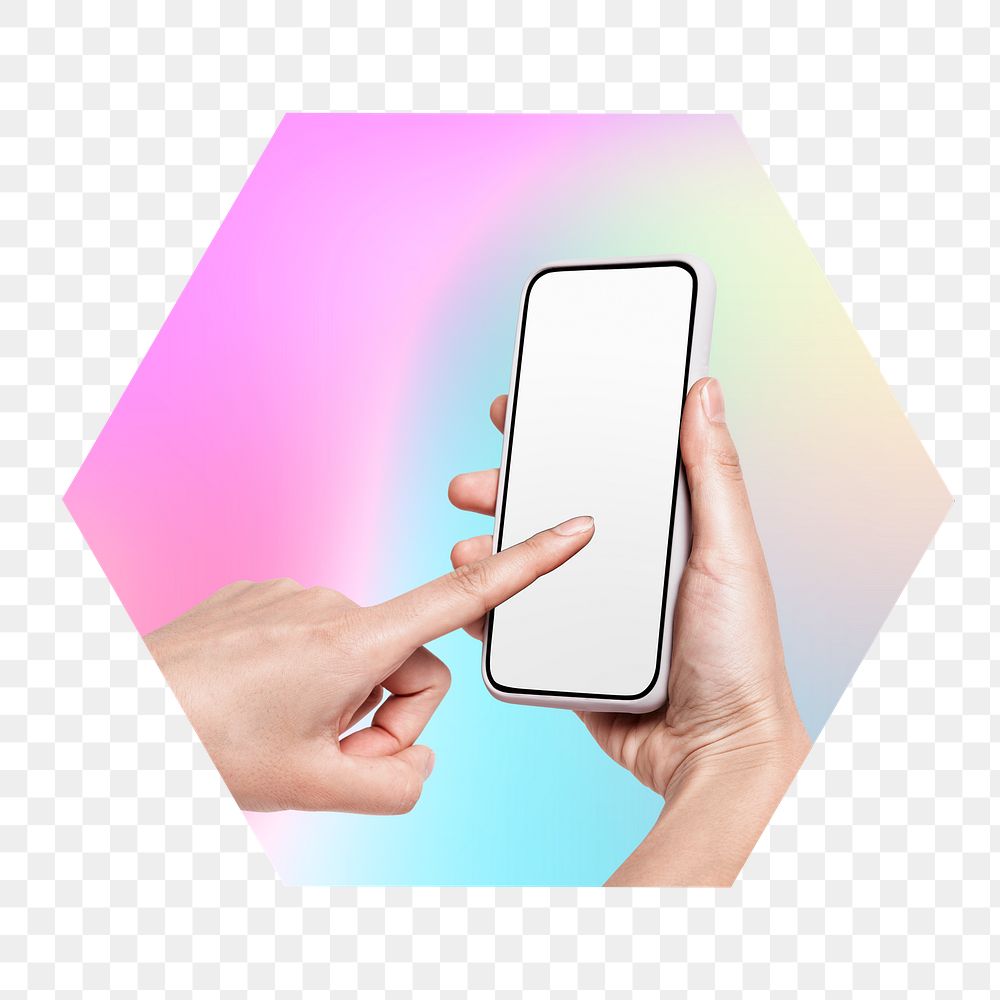 Hand using phone png, hexagon badge in transparent background