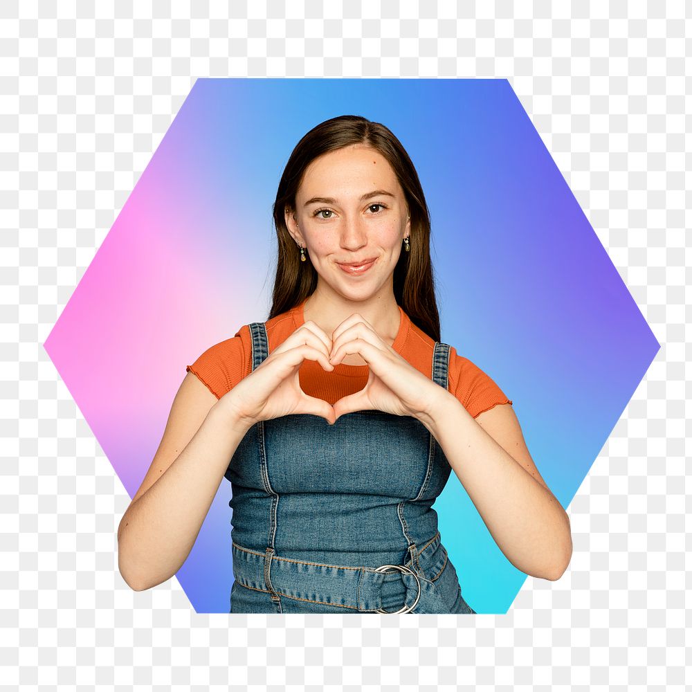 Png woman doing a heart shape hand gesture, hexagon badge in transparent background