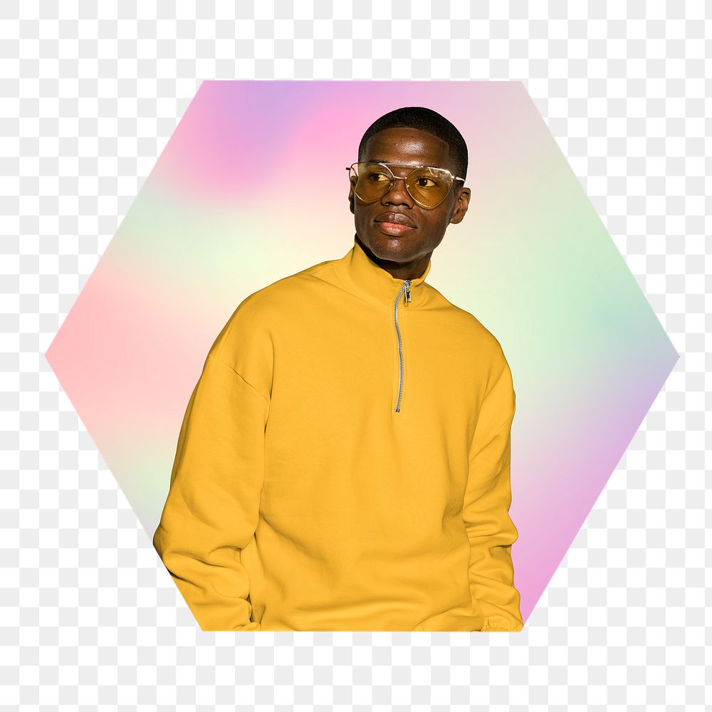 Png fashionable man wearing glasses, hexagon badge in transparent background