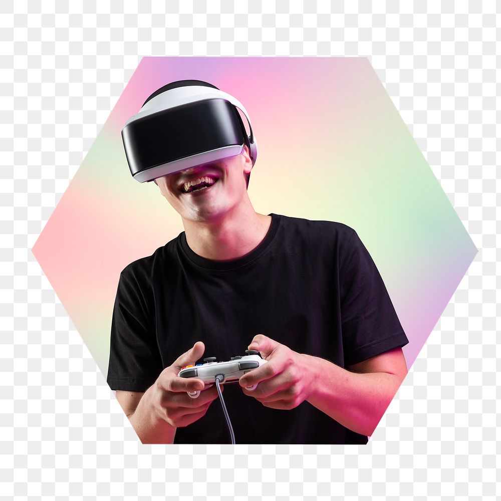 Man wearing vr glass, metaverse game play concept, hexagon badge in transparent background