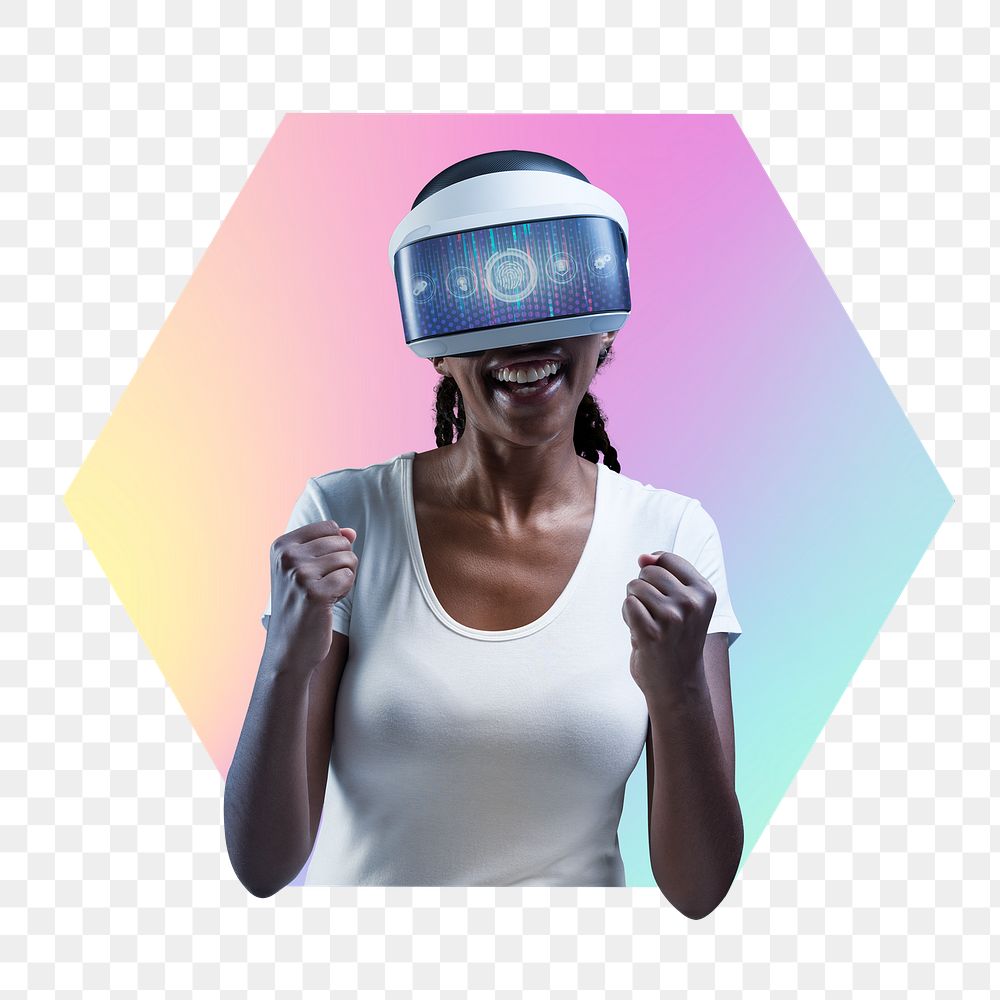 Png woman wearing vr glass, metaverse concept, hexagon badge in transparent background