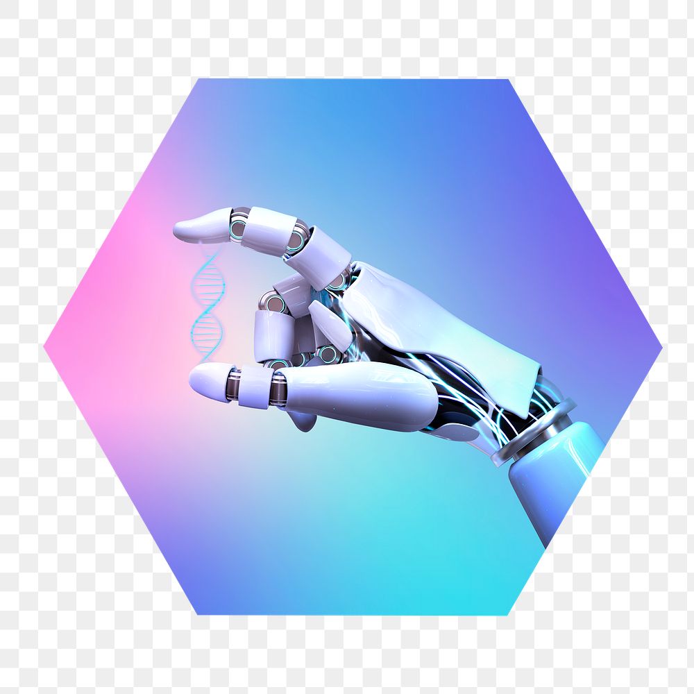 AI robot hand png, hexagon badge in transparent background