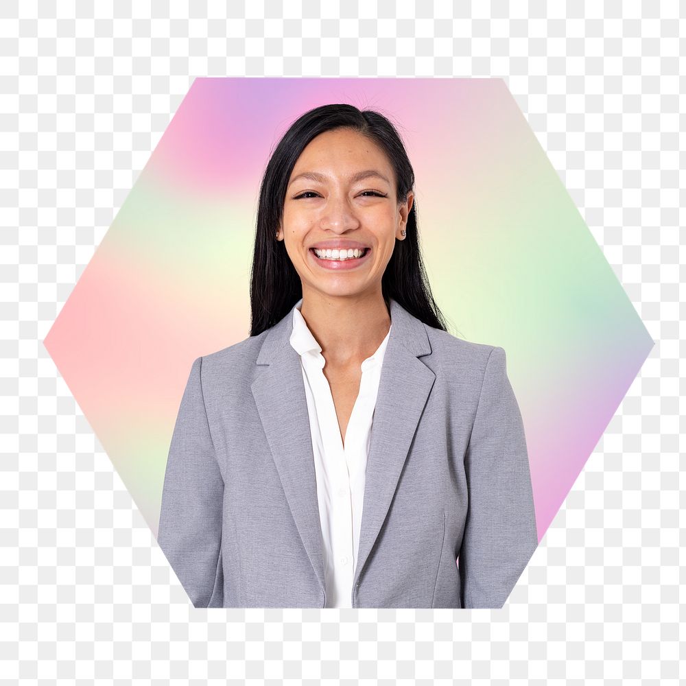 Happy Asian businesswoman png, hexagon badge in transparent background
