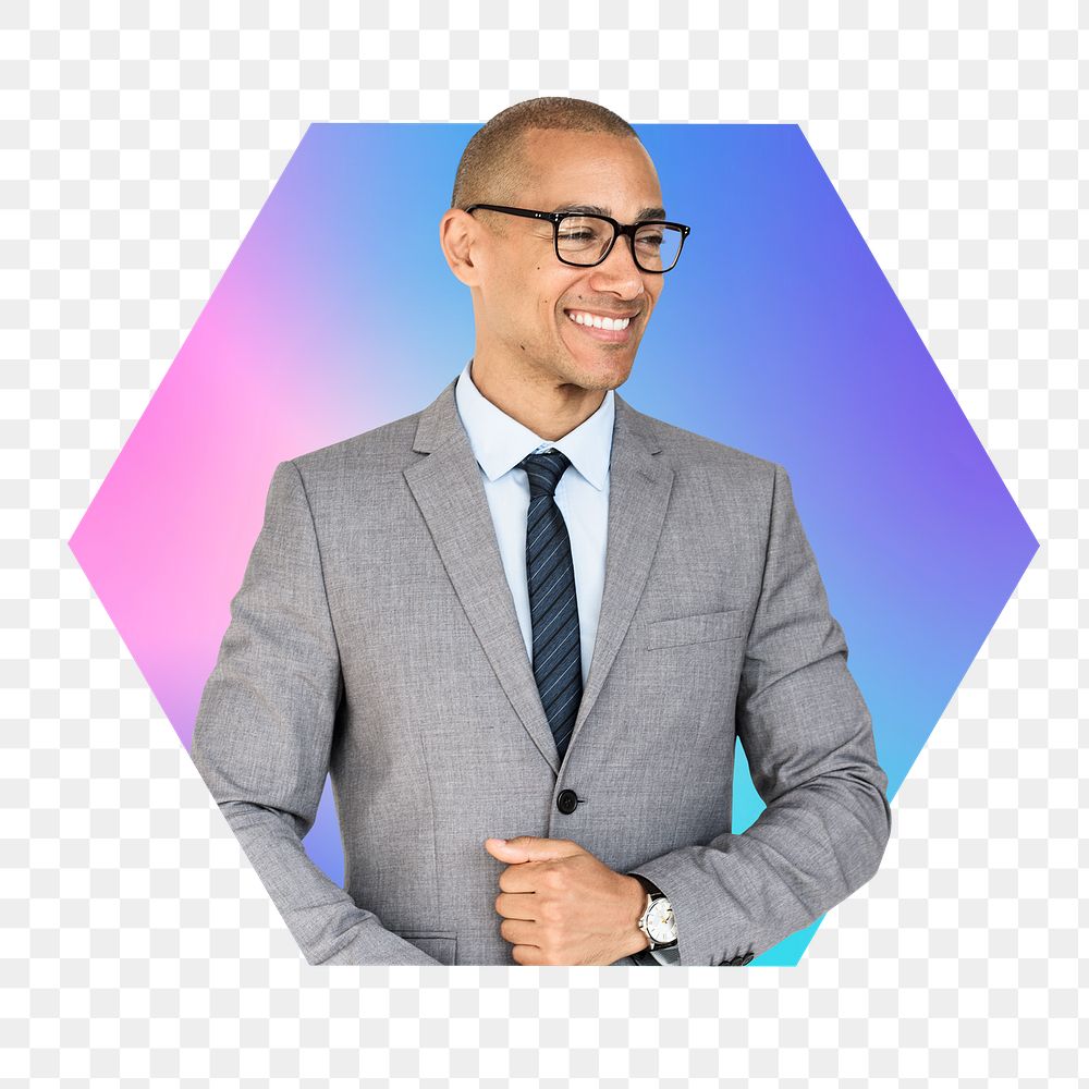Happy businessman png, hexagon badge in transparent background