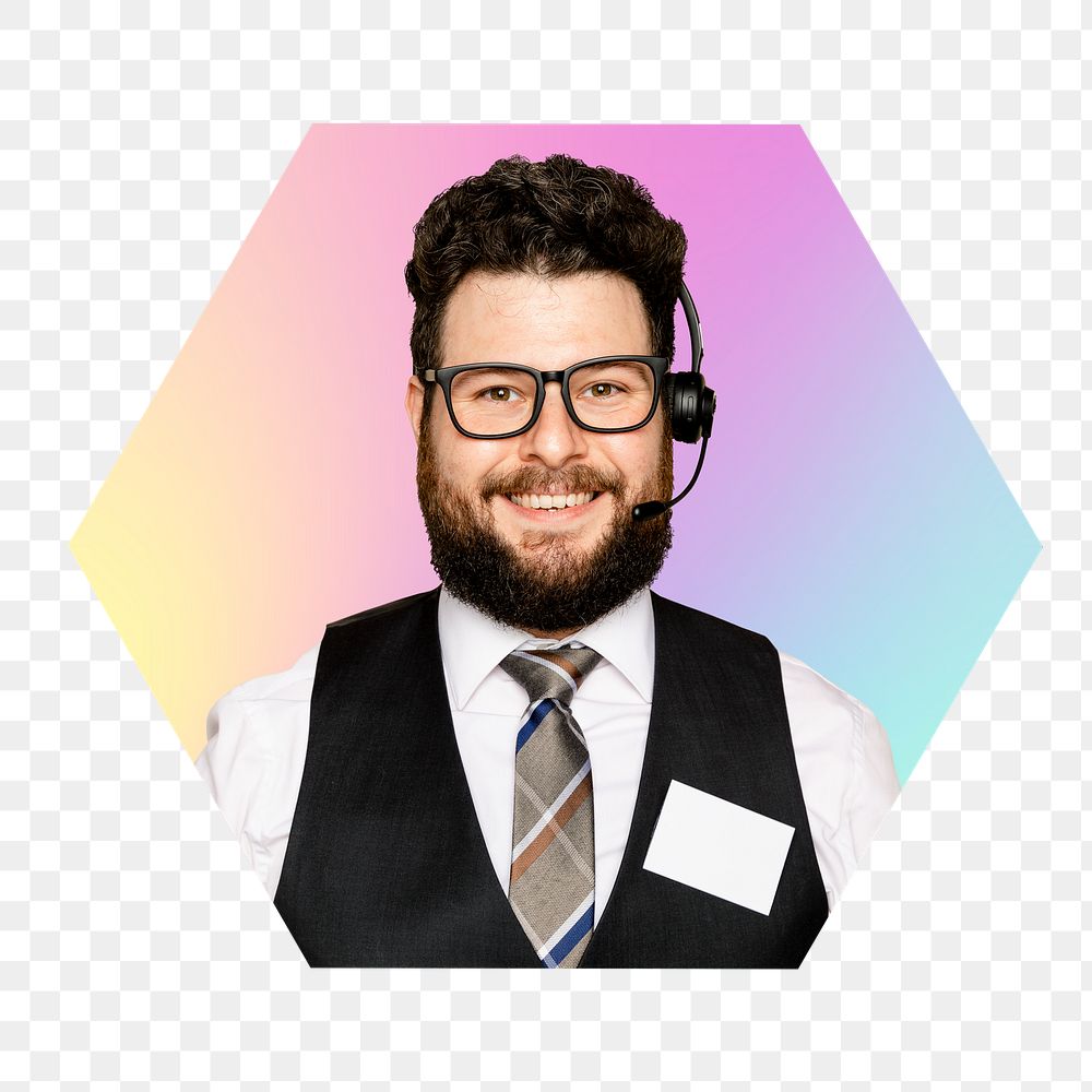 Customer service representative png, hexagon badge in transparent background