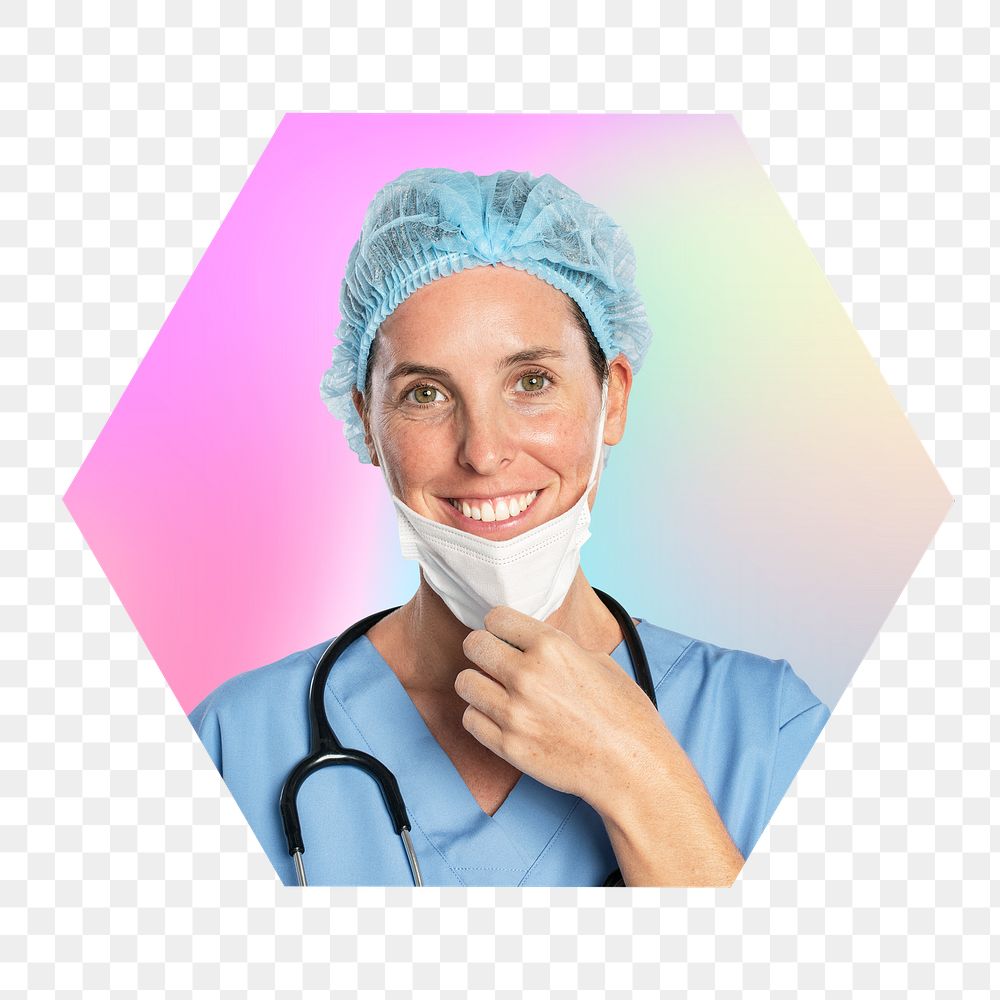 Female surgeon png, hexagon badge in transparent background