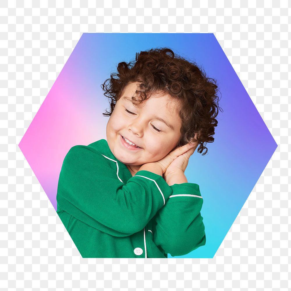 Sleepy boy png in pajamas, hexagon badge in transparent background