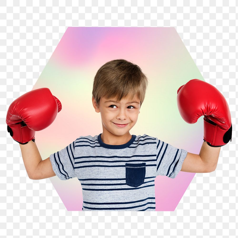 Png boy wearing boxing glove, future athlete, hexagon badge in transparent background