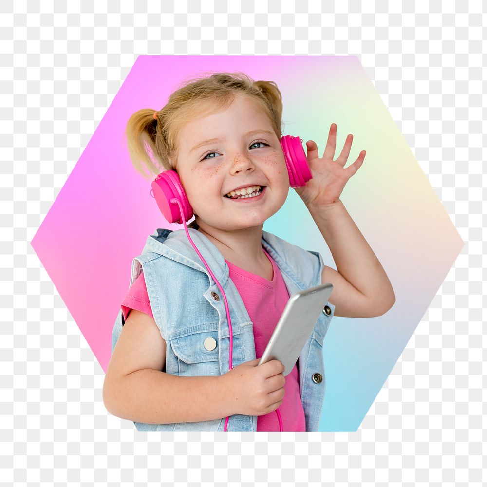 Png girl listening to podcast, hexagon badge in transparent background