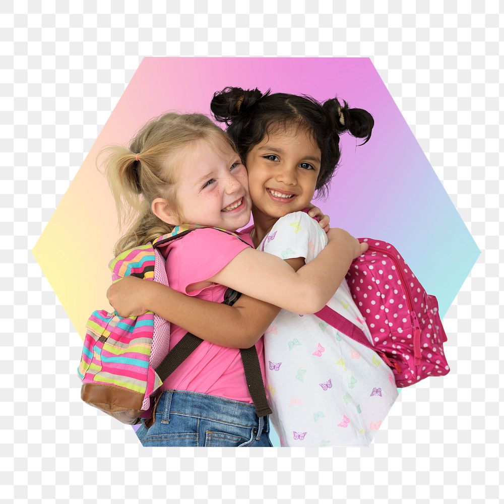 Happy little girls png hugging each other, hexagon badge in transparent background