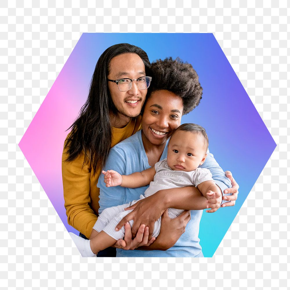 Happy diverse family png, hexagon badge in transparent background