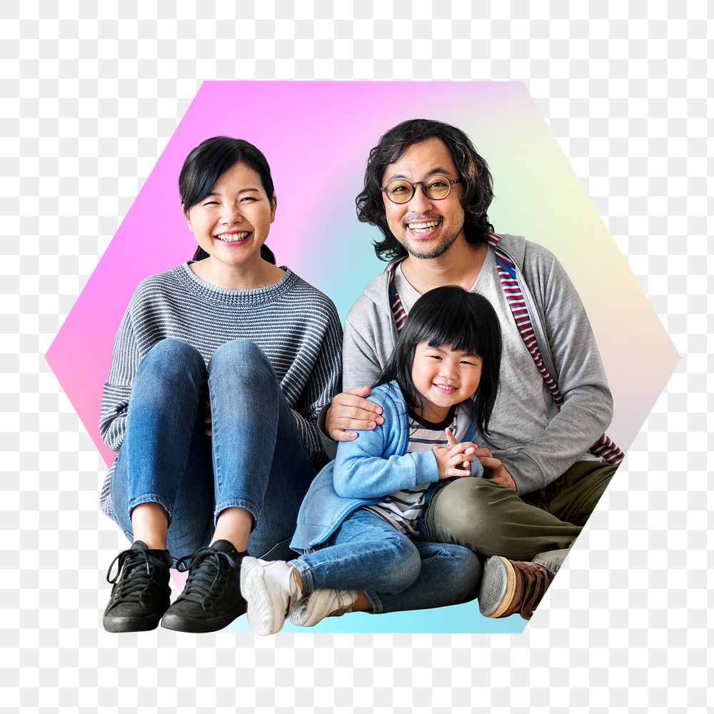 Happy Asian family png, hexagon badge in transparent background