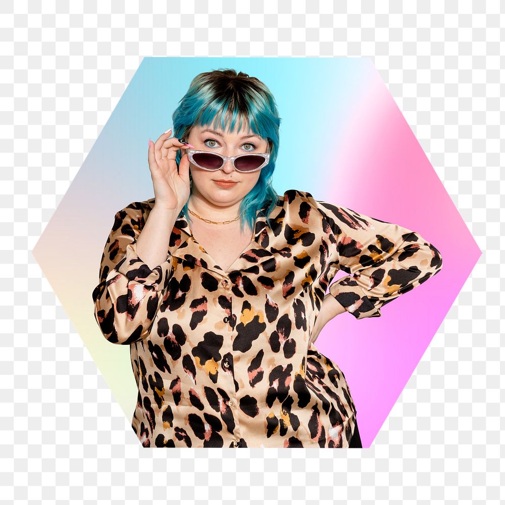 Png fashionable woman wearing sunglasses, hexagon badge in transparent background