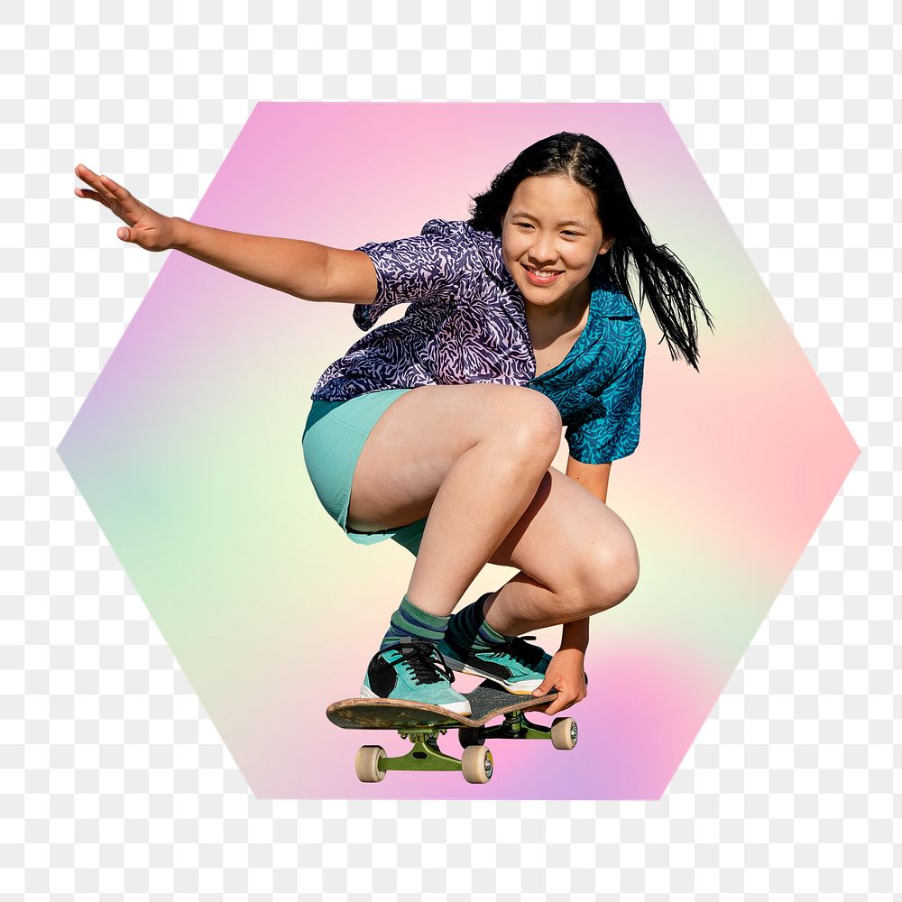 Young woman skateboarding png, hexagon badge in transparent background