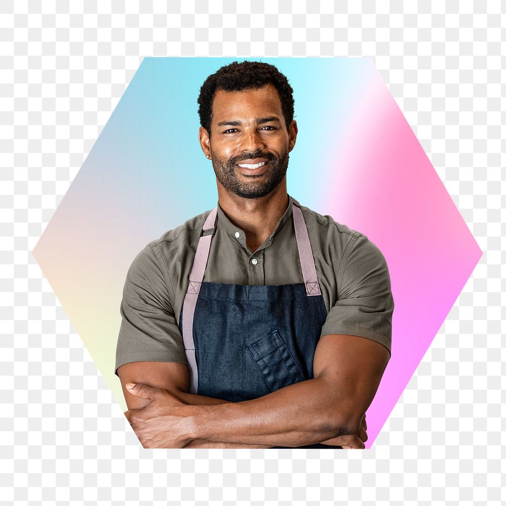 Happy entrepreneur png wearing apron, hexagon badge in transparent background