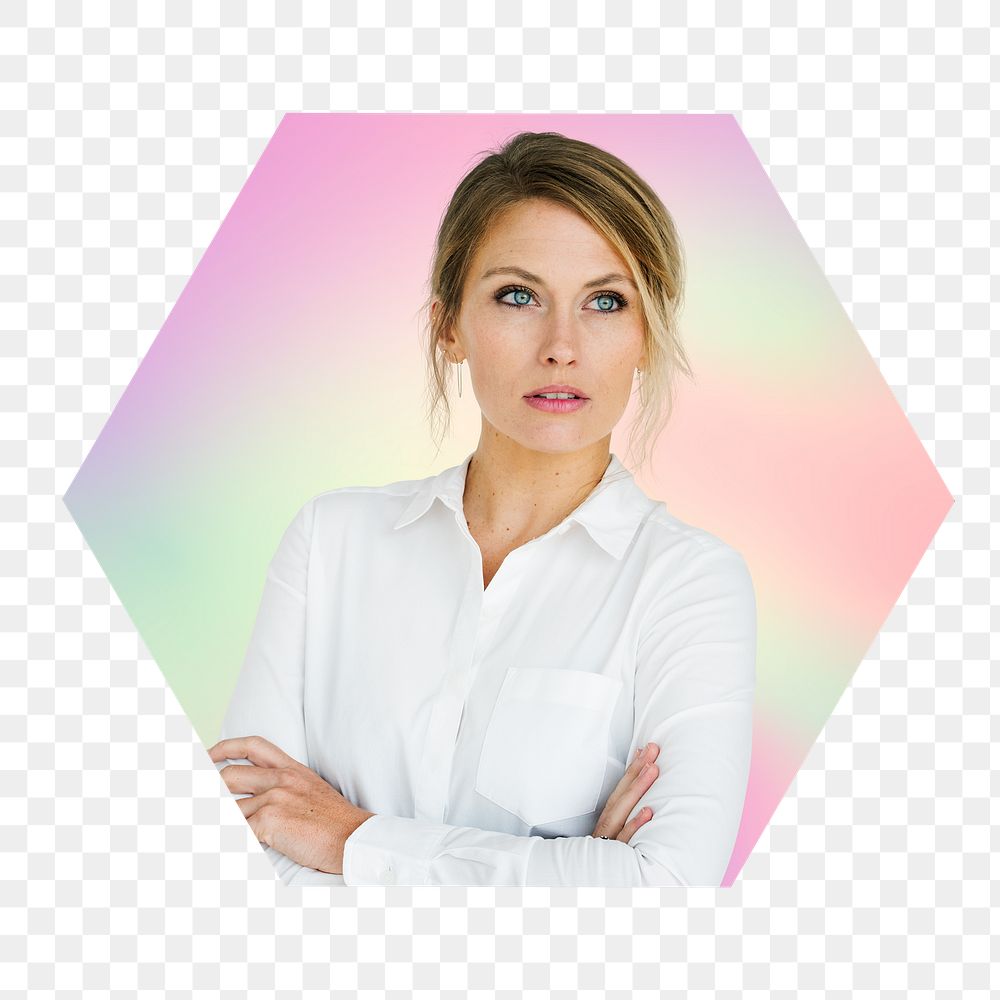 Png ams crossed business woman, hexagon badge in transparent background